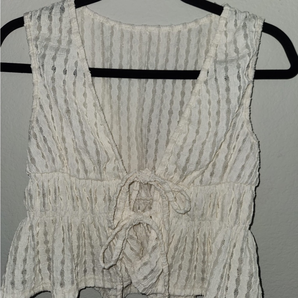 SHEIN Cream Textured Tie-Front Blouse